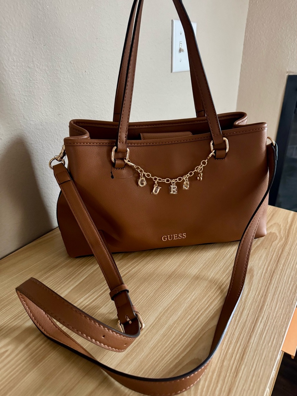 GUESS Brown Shoulder Tote with Gold Logo Charm